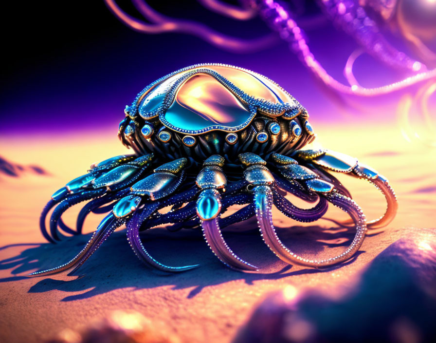 Intricate mechanical crab on surreal purple beach.