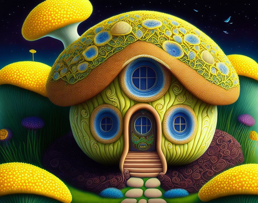 Vibrant Mushroom-Shaped House Illustration in Nighttime Landscape