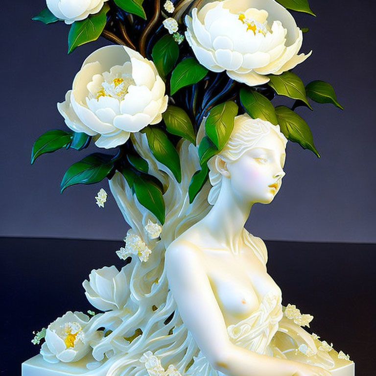 Sculpture of Woman's Bust Merged with Tree, White Blooms and Green Leaves on
