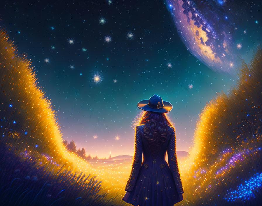 Person in wide-brimmed hat in glowing fantasy landscape under starry sky and large moon.