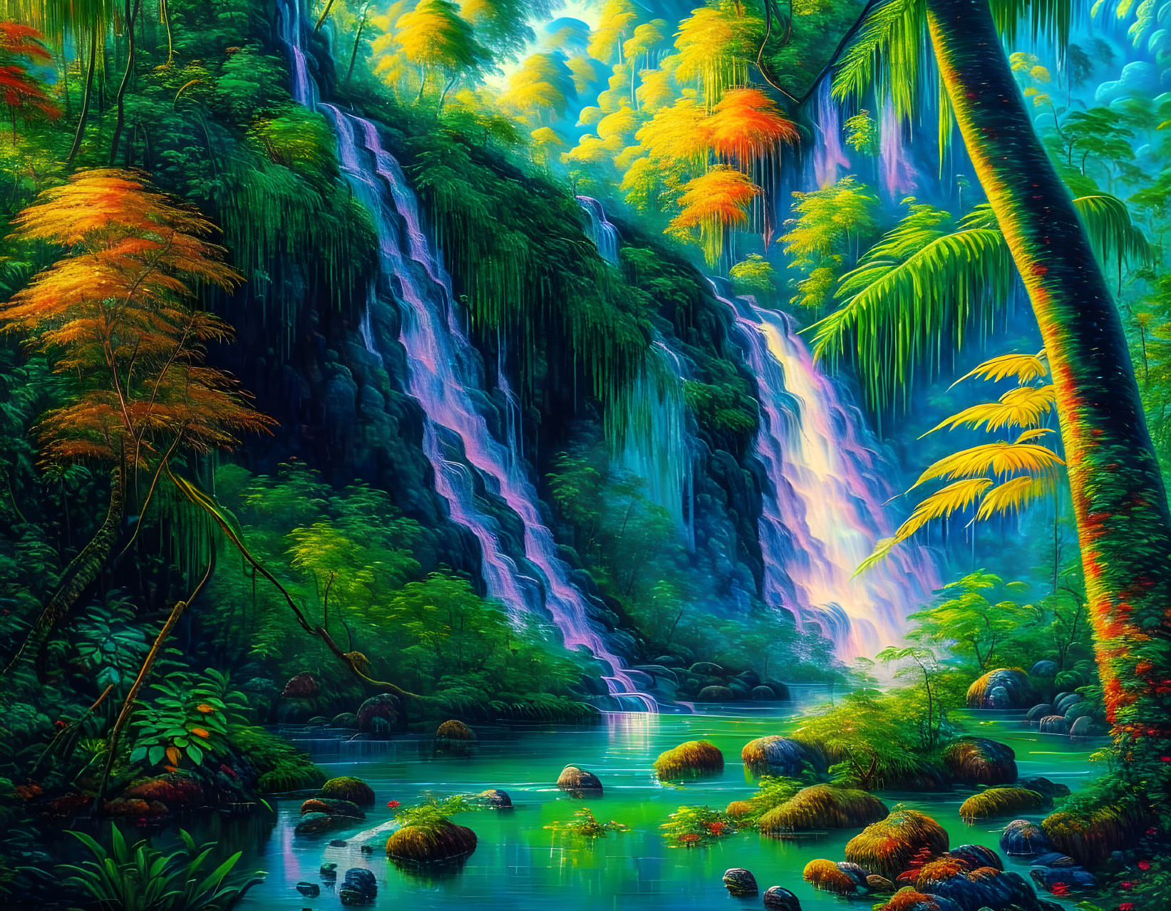 Tropical waterfall with lush greenery, serene pond, and illuminated canopy