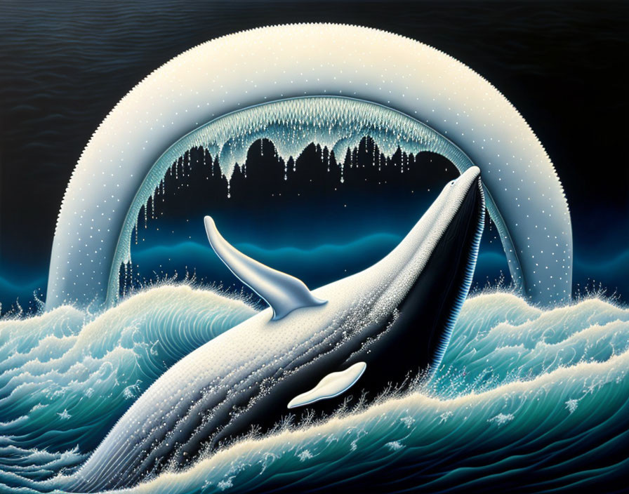 Surreal Whale Painting with Seascape and Night Sky Blend