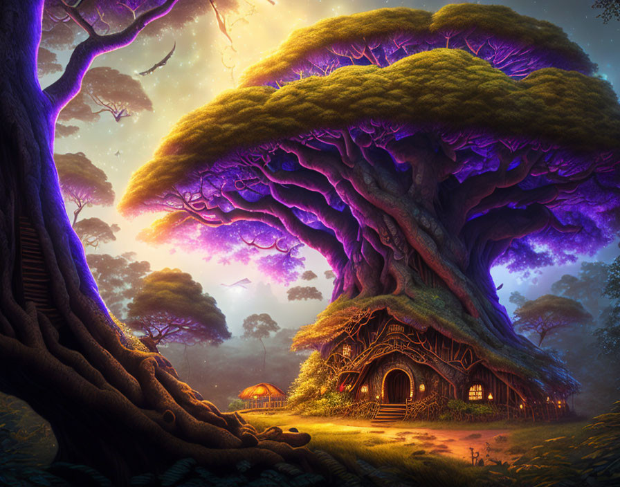 Enormous glowing purple tree with illuminated hobbit-like home in magical forest