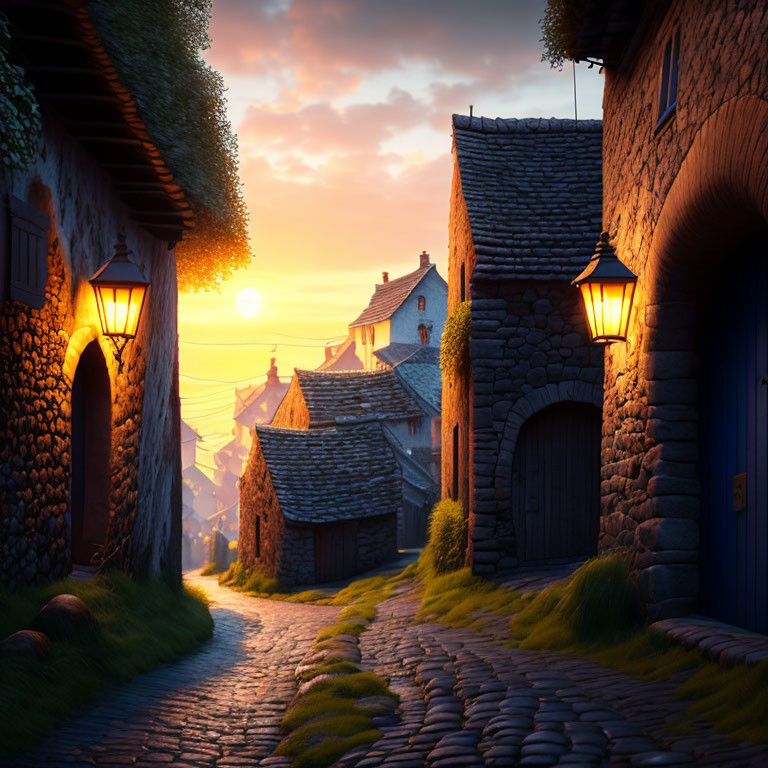 Picturesque cobblestone village street at sunset with antique lanterns and golden-hued stone buildings