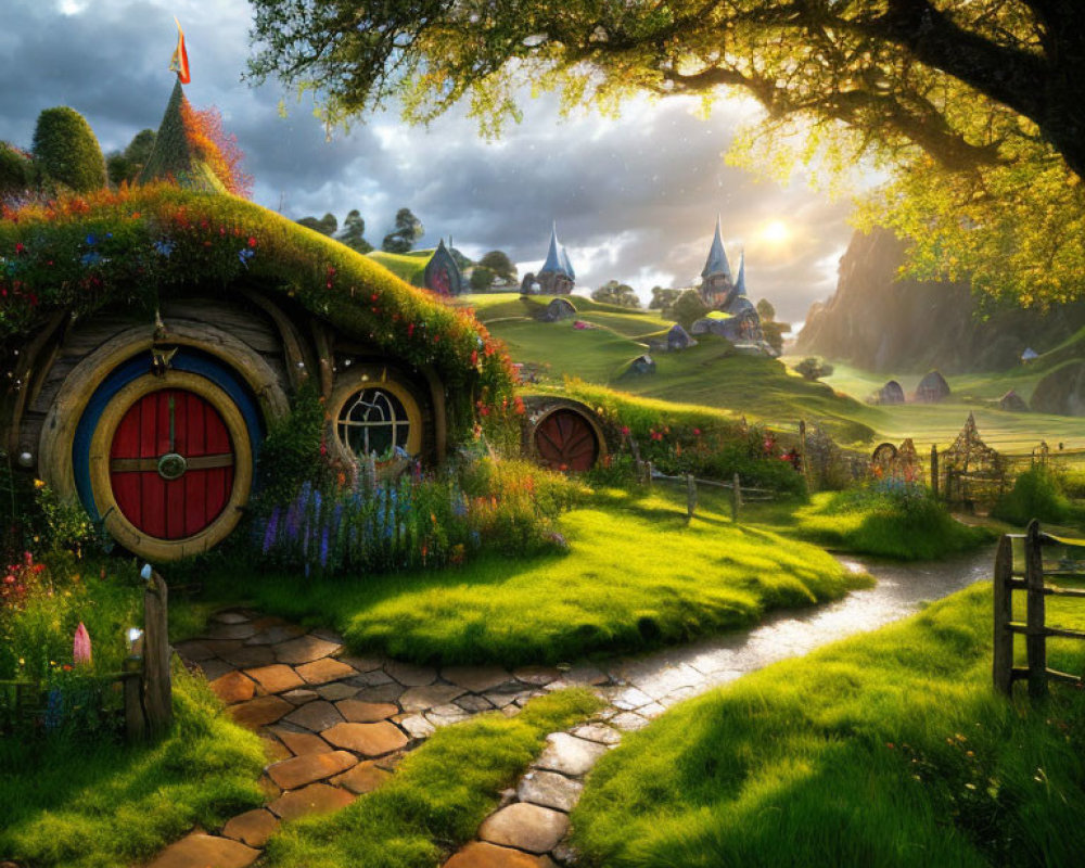Rural landscape with hobbit homes, greenery, flowers, sunlit path