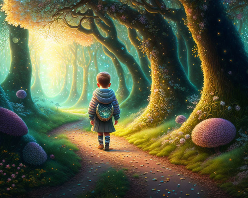 Child Walking in Enchanted Forest with Glowing Trees and Oversized Mushrooms