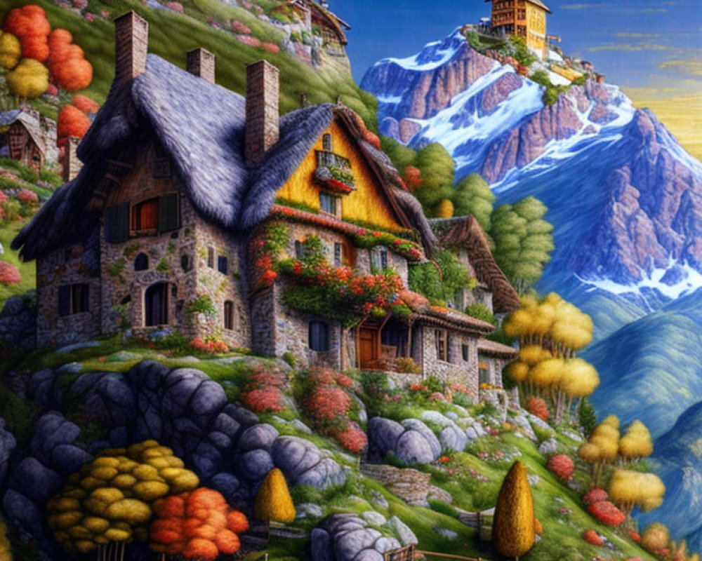 Scenic Mountain Village with Stone Houses and Autumnal Trees