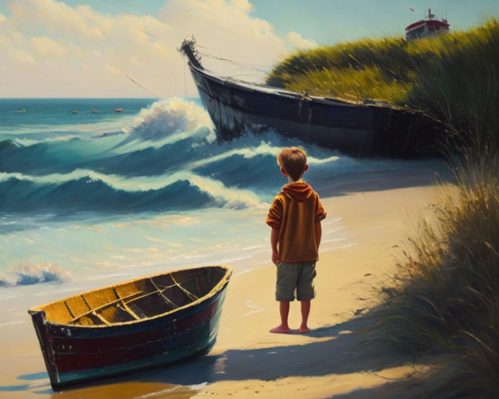 Young boy on sandy beach with beached ship and rowboat under sunny sky
