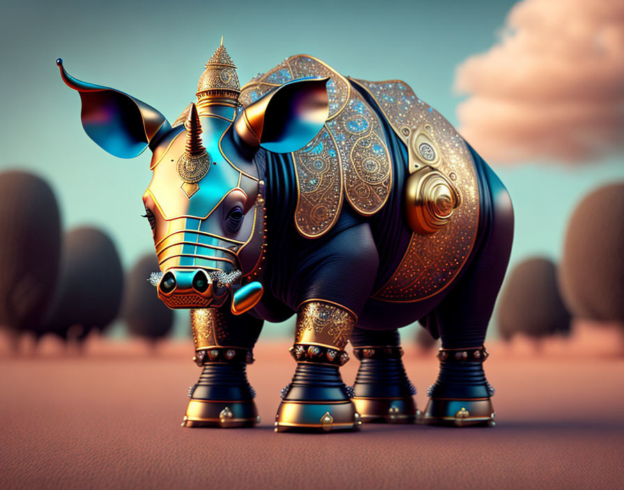 Metallic Rhinoceros Sculpture with Ornate Decorations and Blurred Background