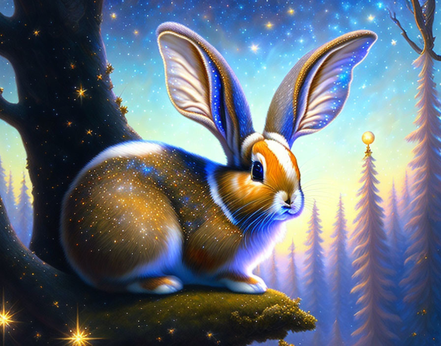 Mystical rabbit with butterfly-like ears in enchanted forest