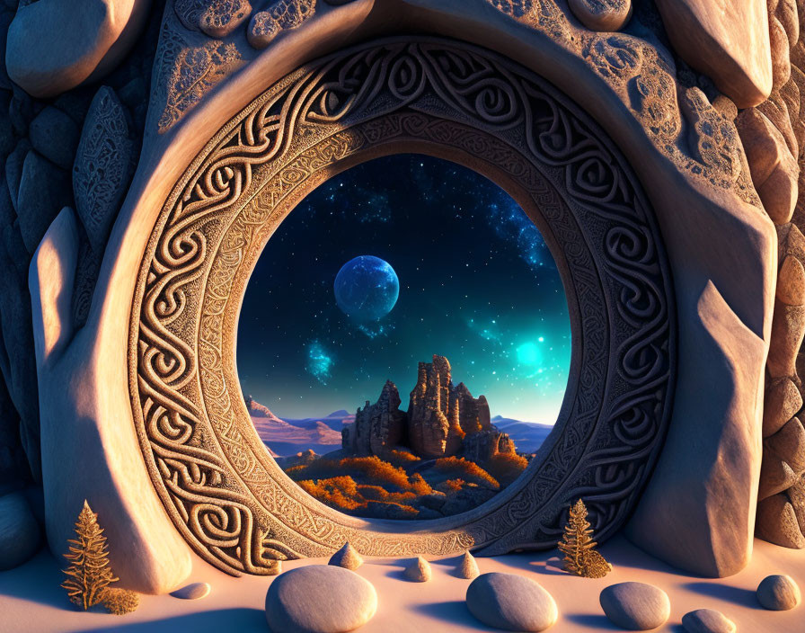 Ornate circular gate frames desert landscape with two moons