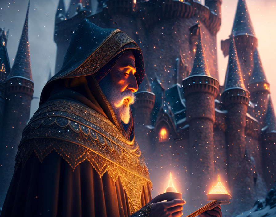 Cloaked figure reading glowing symbols book in front of snowy castle at dusk