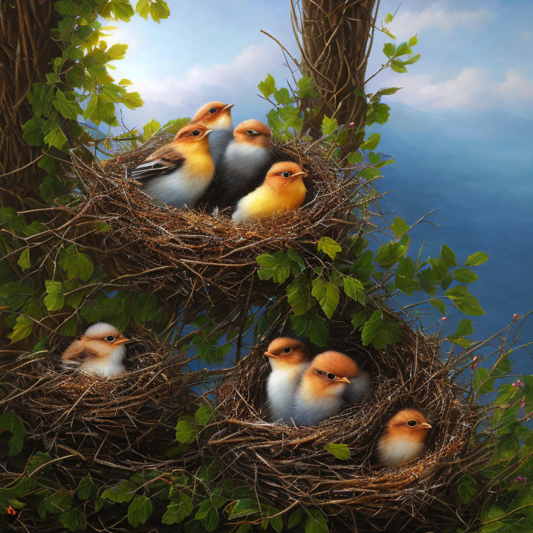 Three Bird Nests with Cuddling Baby Birds in Tree