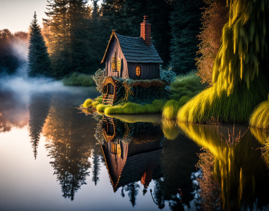 Thatched Roof Cottage by Serene Lake at Sunrise or Sunset