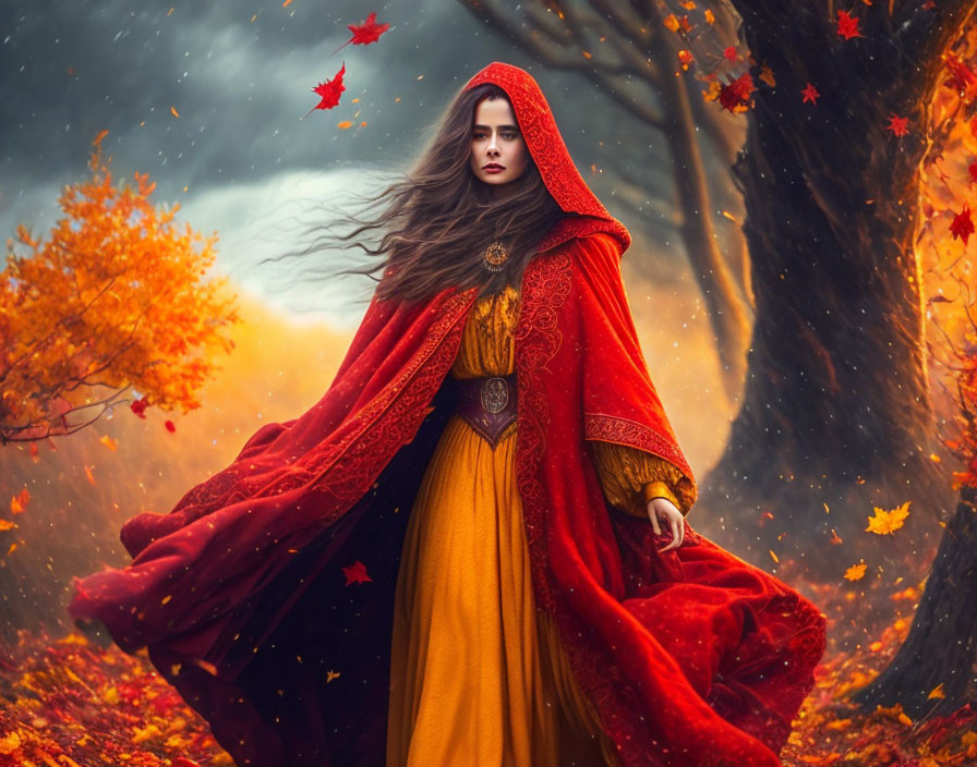 Woman in Red Cloak and Yellow Dress in Mystical Autumn Forest