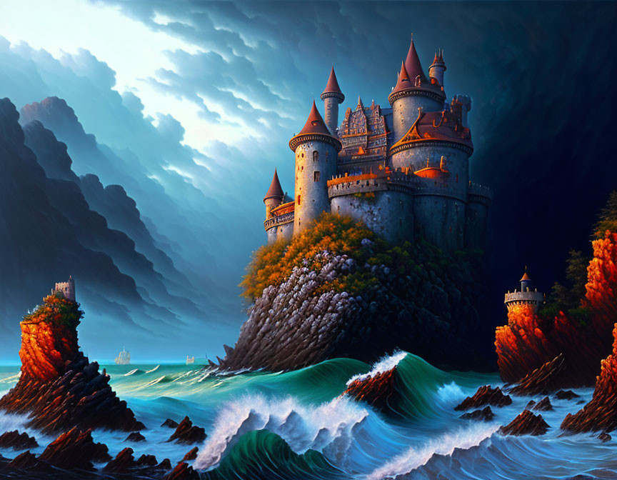 Majestic castle on rocky cliff amid turbulent sea waves