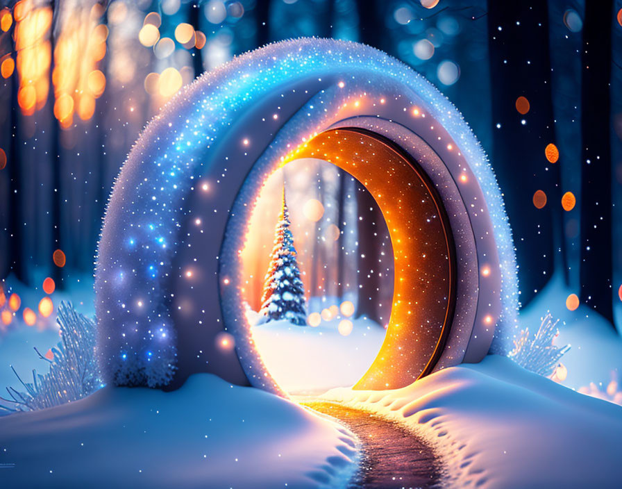 Winter Scene with Golden Hoop Portal and Christmas Tree in Snowy Forest