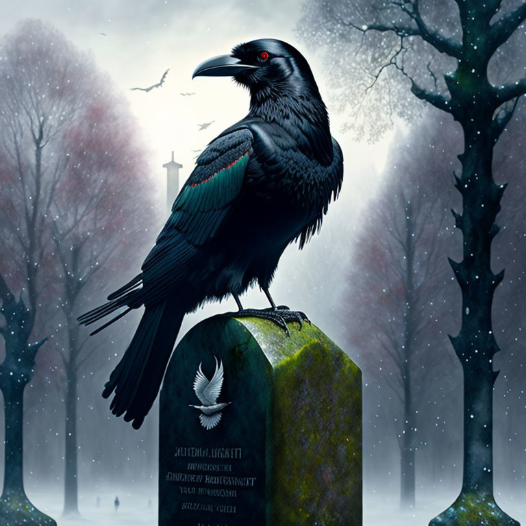 Black raven on snowy tombstone in misty graveyard