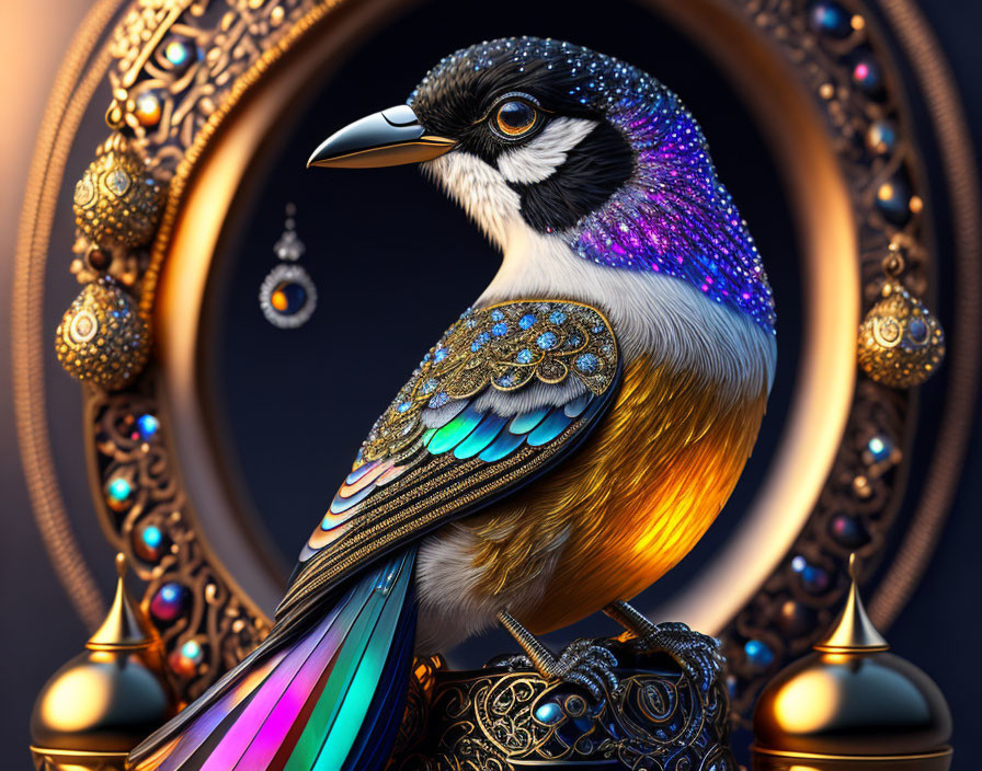 Colorful ornate bird with gleaming beak perched among golden filigree designs