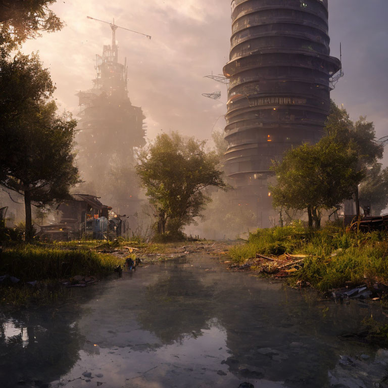 Post-apocalyptic landscape with overgrown vegetation, dilapidated buildings, and futuristic towers.