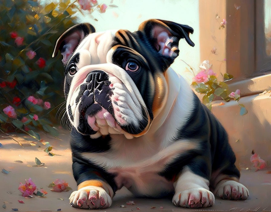Bulldog Puppy Painting with Black and White Markings by Sunny Window