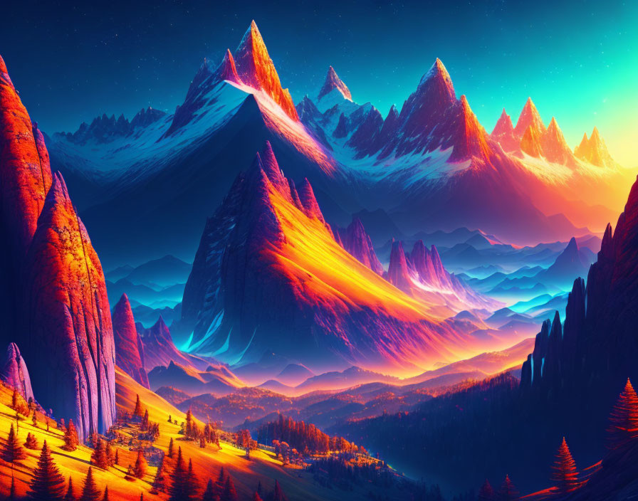 Surreal mountain landscape with glowing peaks in warm and cool colors
