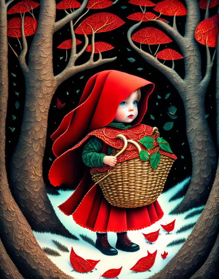 Stylized illustration of Little Red Riding Hood in red cloak with basket, surrounded by red leaves and