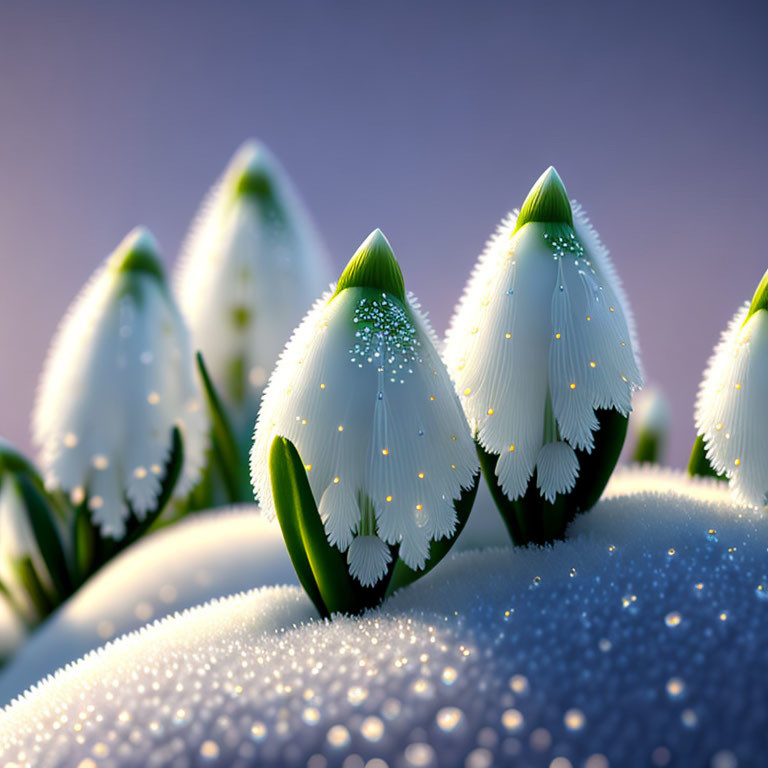 Stylized digital art of dew-covered snowdrop flowers