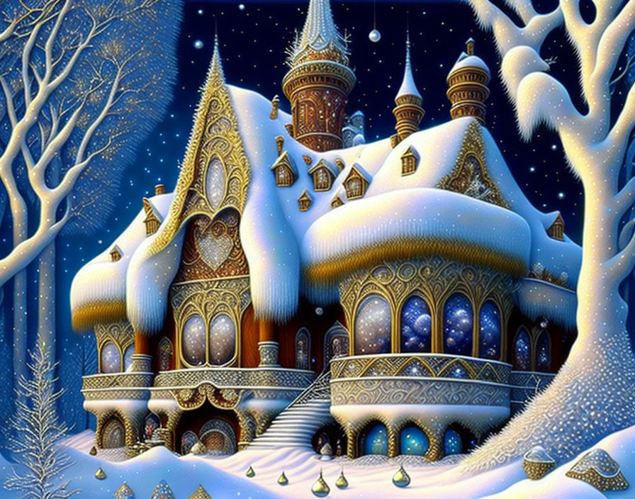 Snow-covered fantasy castle at night with golden-lit windows, frosty trees, starry sky