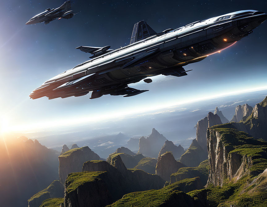 Futuristic starships soar over majestic cliffs and lush valleys at sunrise or sunset