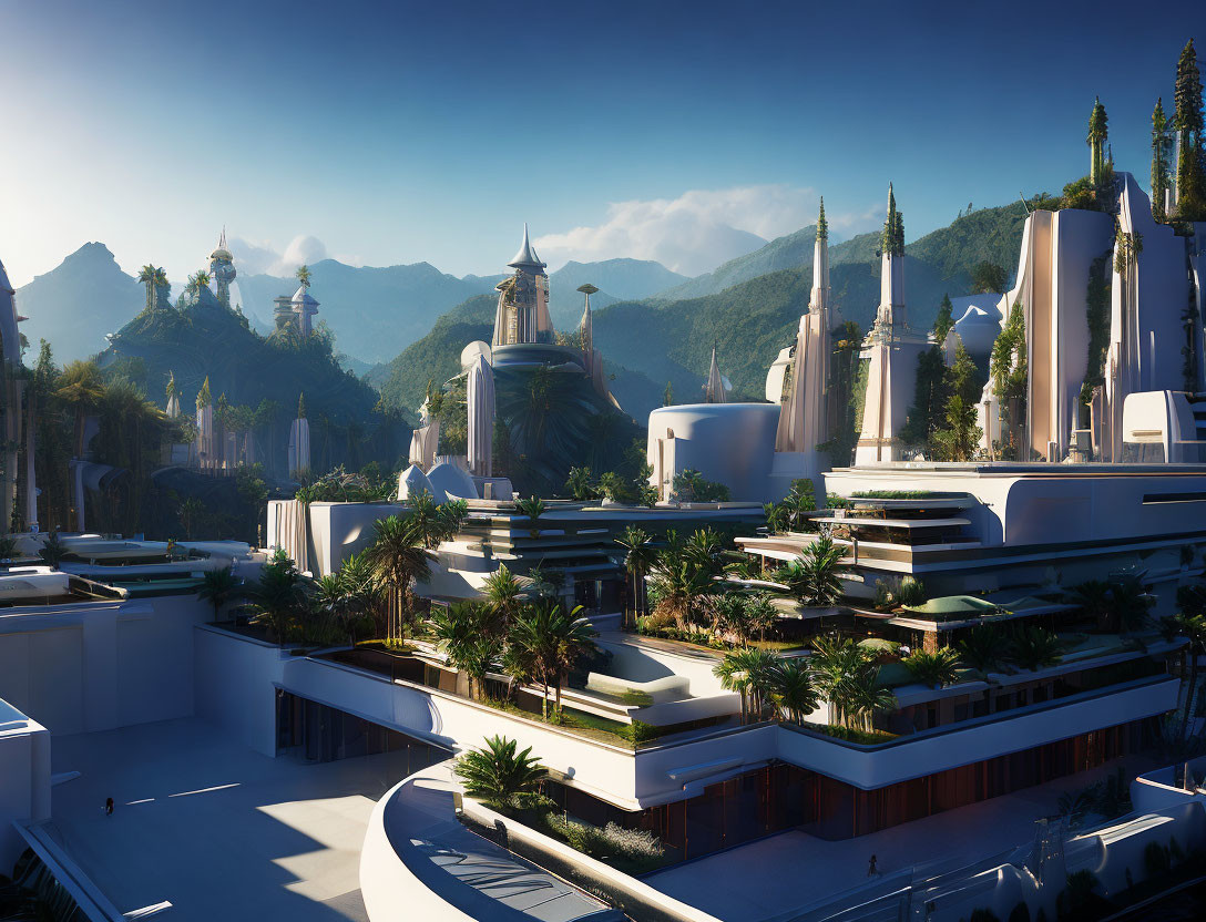 Futuristic cityscape with white buildings and terraced gardens in mountainous terrain