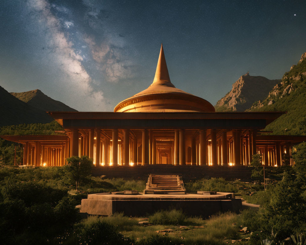 Majestic temple with conical dome in twilight mountainscape