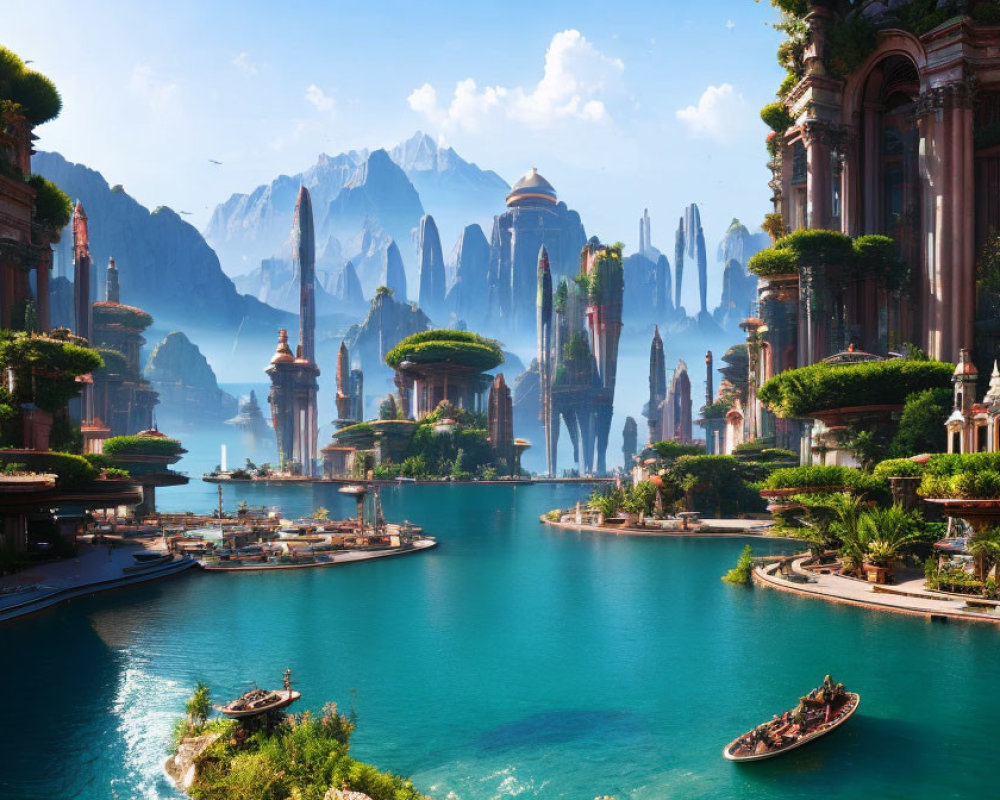 Fantastical landscape with ornate buildings by tranquil river