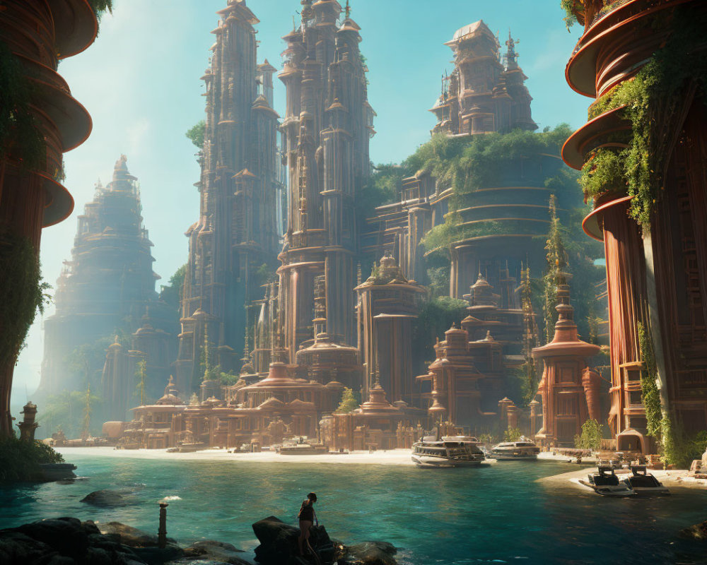 Ancient City with Towering Structures and Tranquil Waters