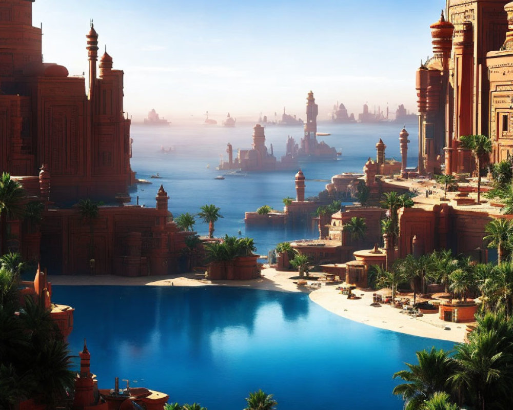 Tranquil fantasy cityscape with sandstone buildings, palm trees, and misty harbor.