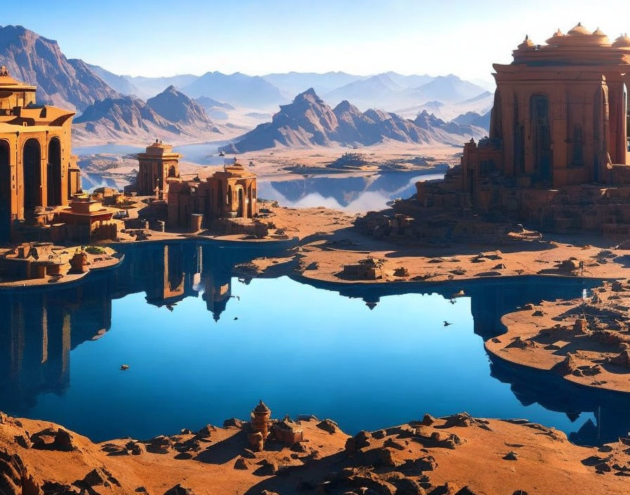 Ancient structures reflected in tranquil blue lake amidst desert oasis