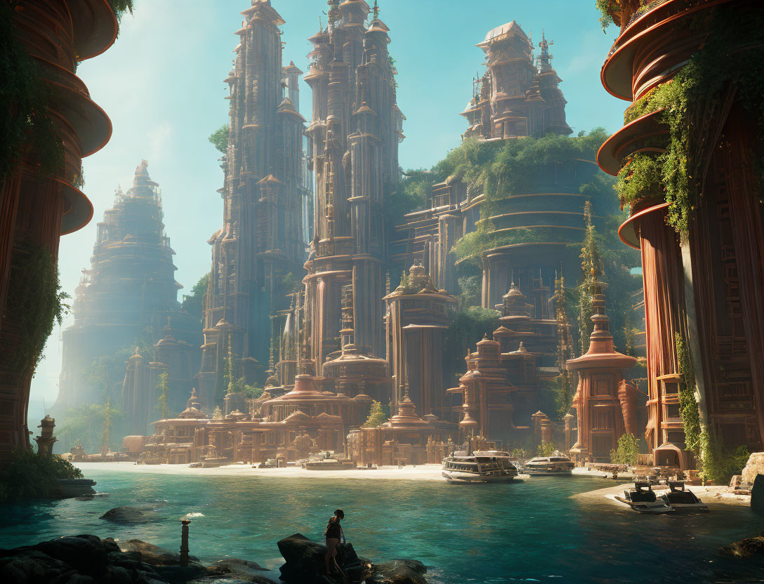 Ancient City with Towering Structures and Tranquil Waters