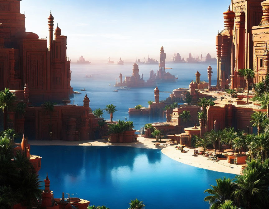 Tranquil fantasy cityscape with sandstone buildings, palm trees, and misty harbor.