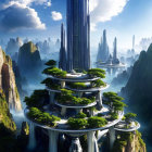 Futuristic cityscape with towering spires and saucer-shaped structure