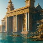 Golden palace by tranquil sea under clear sky with warm sunlight.