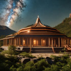 Majestic temple with conical dome in twilight mountainscape