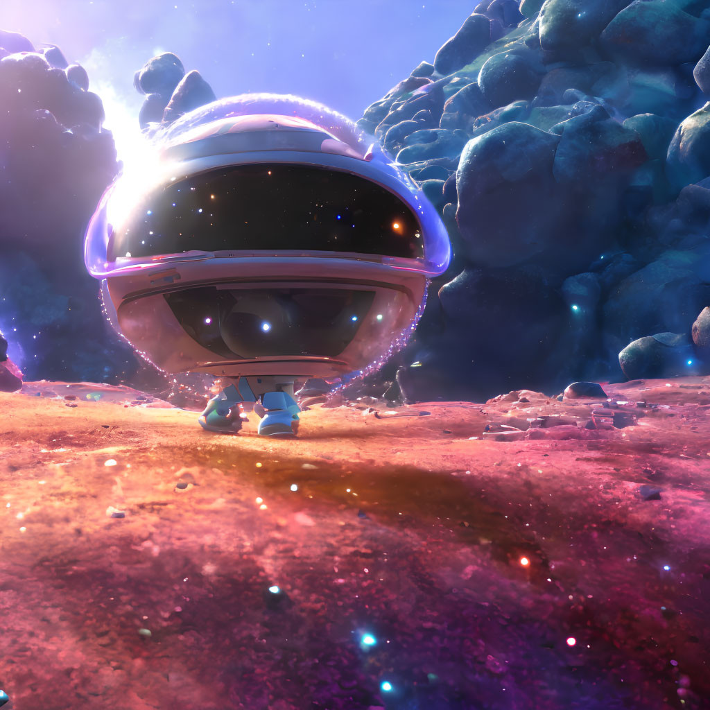 Astronaut in reflective helmet views colorful alien landscape