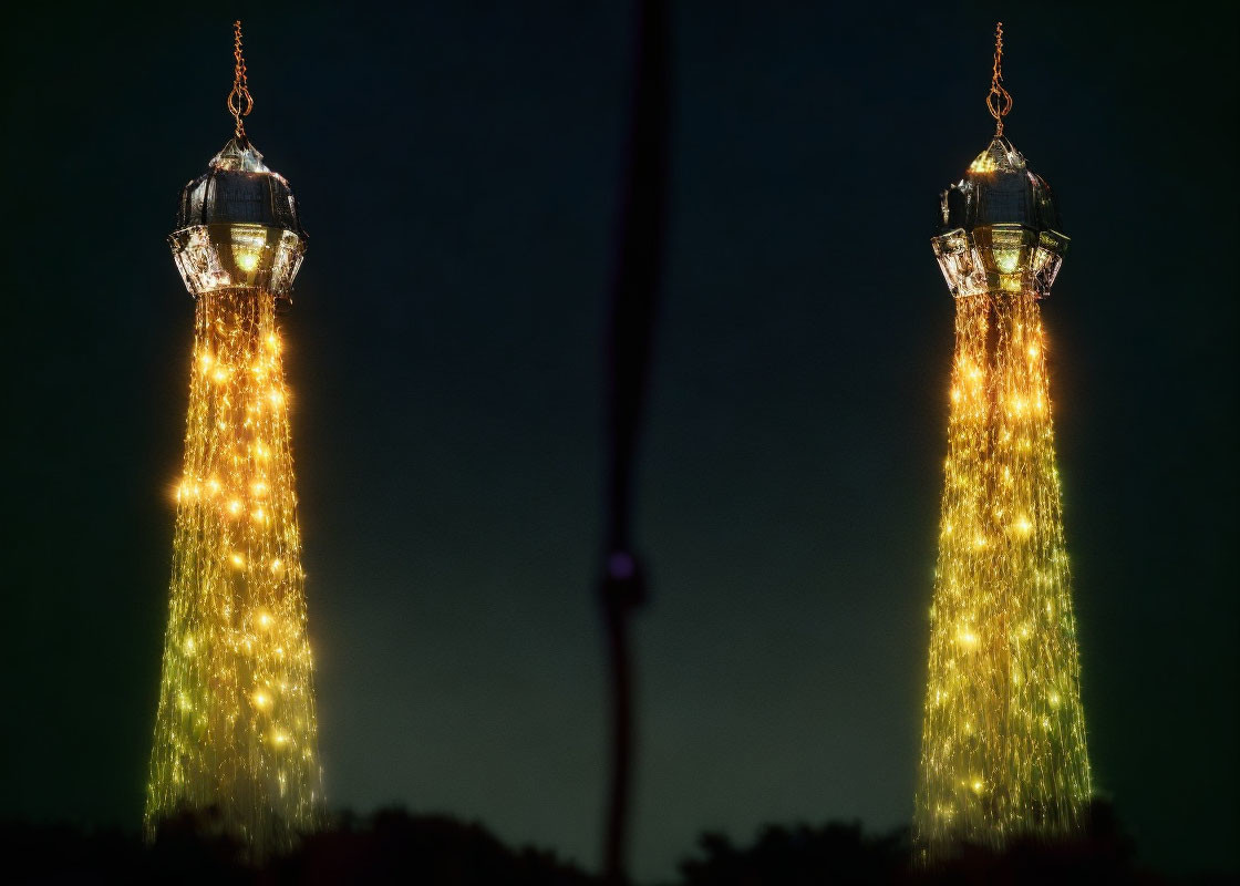 Illuminated street lamps with fairy lights mirroring against dark sky