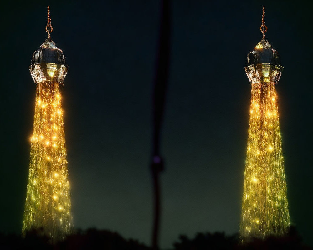 Illuminated street lamps with fairy lights mirroring against dark sky