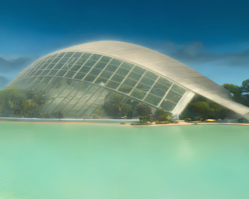 Glass dome building by tranquil turquoise water under clear blue sky