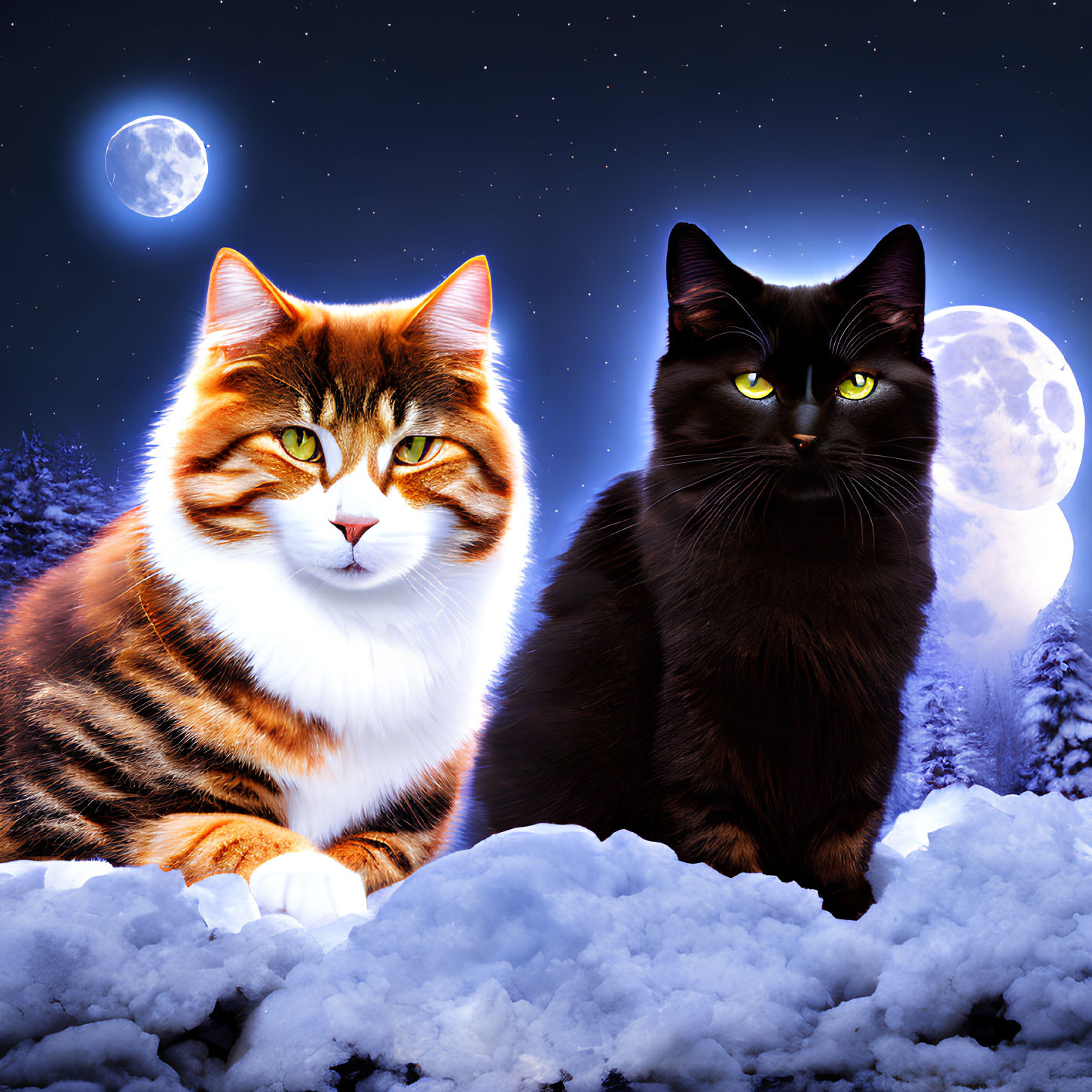 Two cats in snowy night scene with double moons and stars