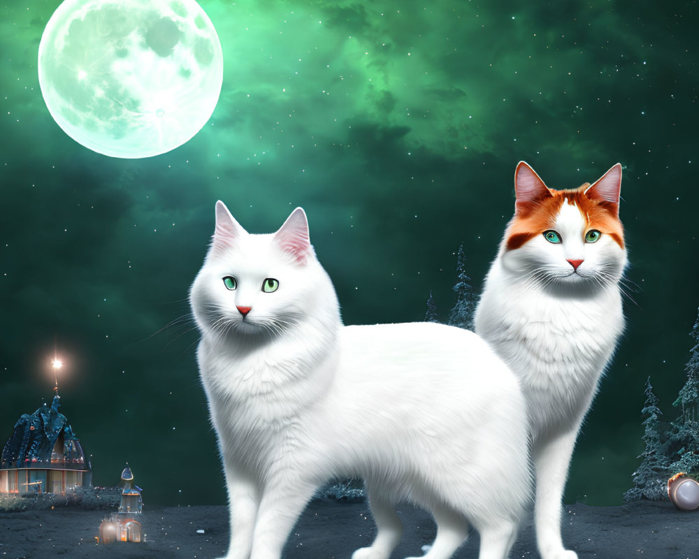 Two cats with large human-like eyes under a full moon in magical winter landscape