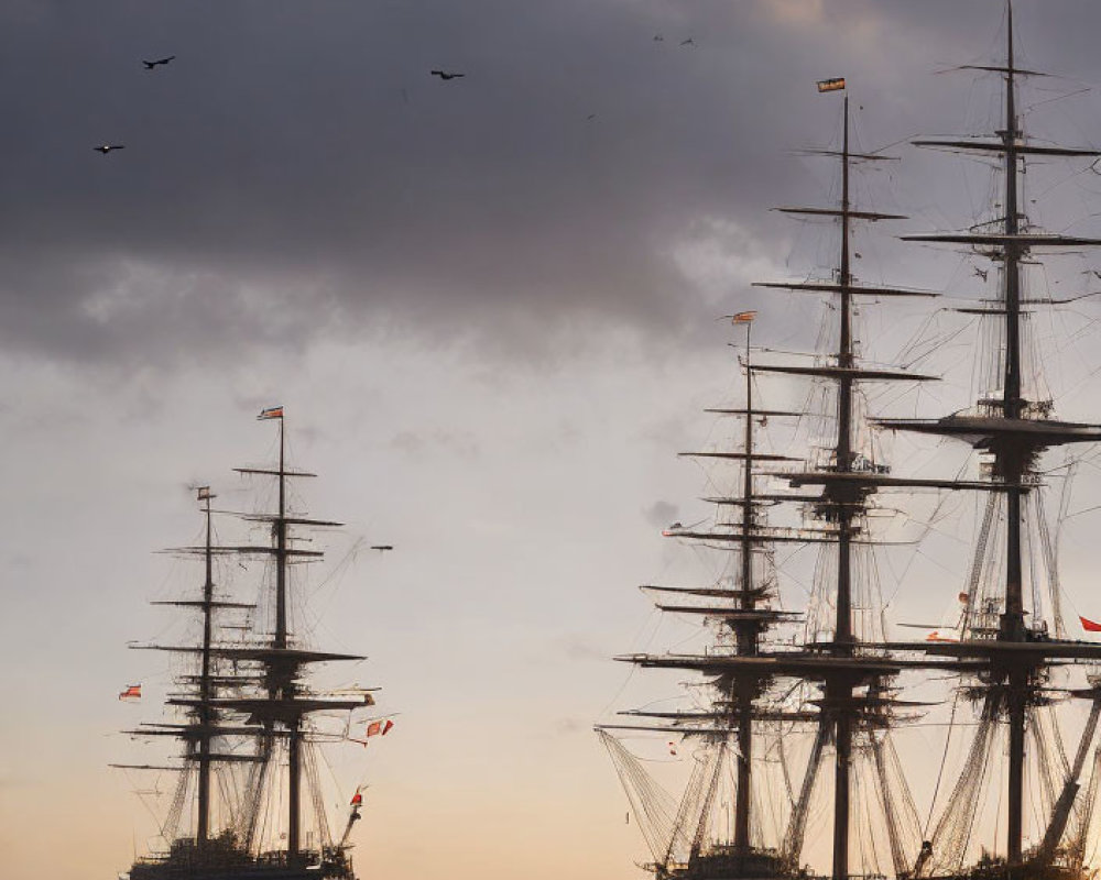 Majestic tall ships with full rigging sailing at sunset