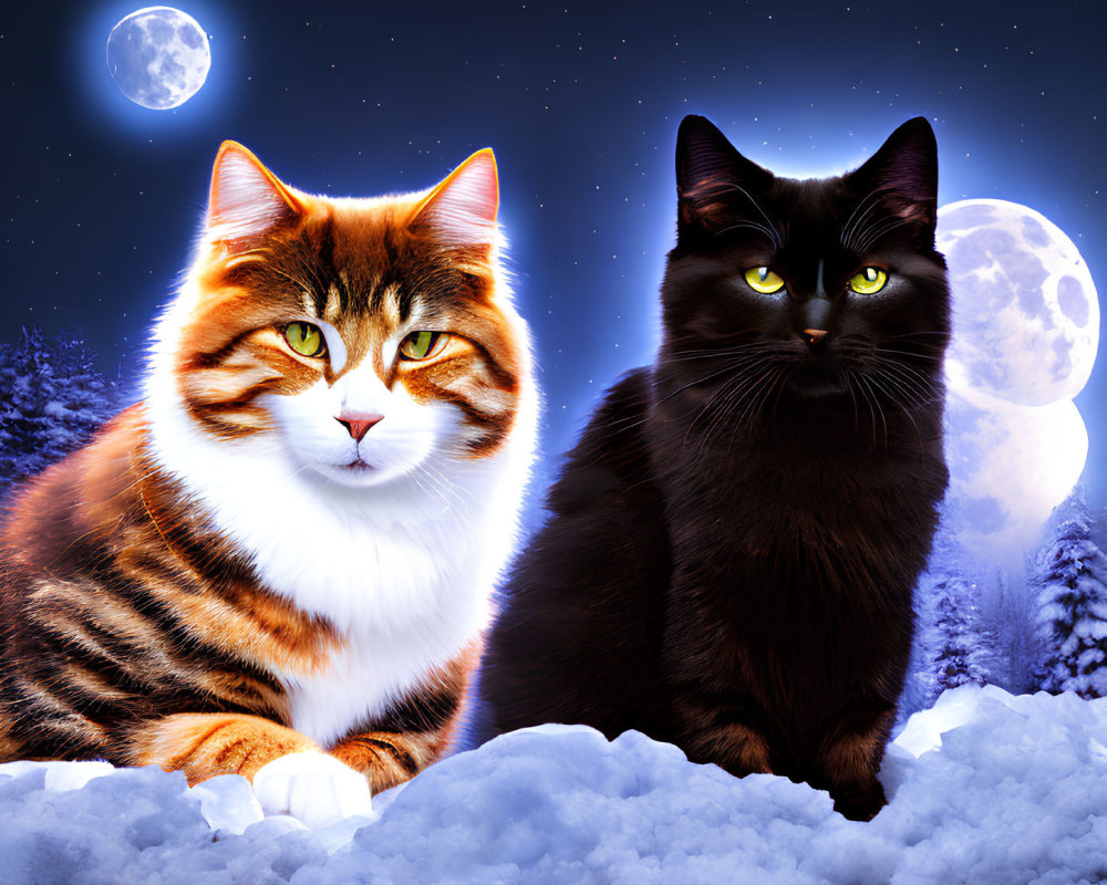 Two cats in snowy night scene with double moons and stars