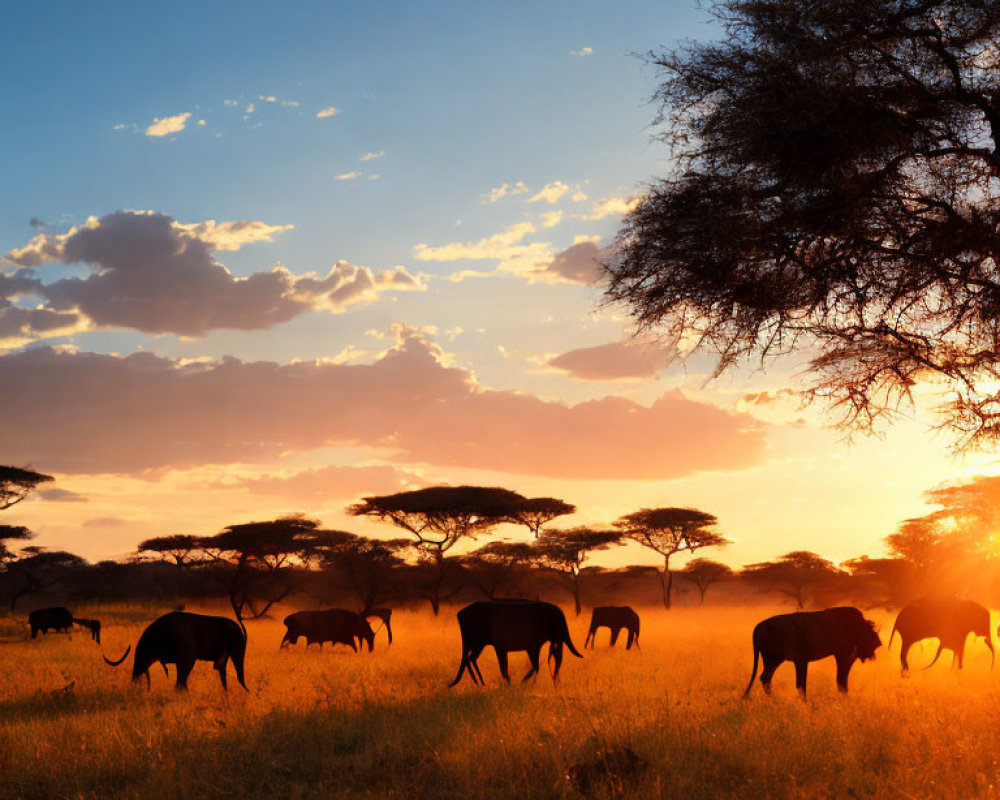 Elephants Walking Across Savanna at Sunset